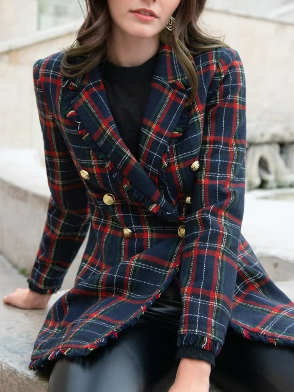 Multicolor Elegant Women's Lapel Collar Fringe Trim Tartan Blazer